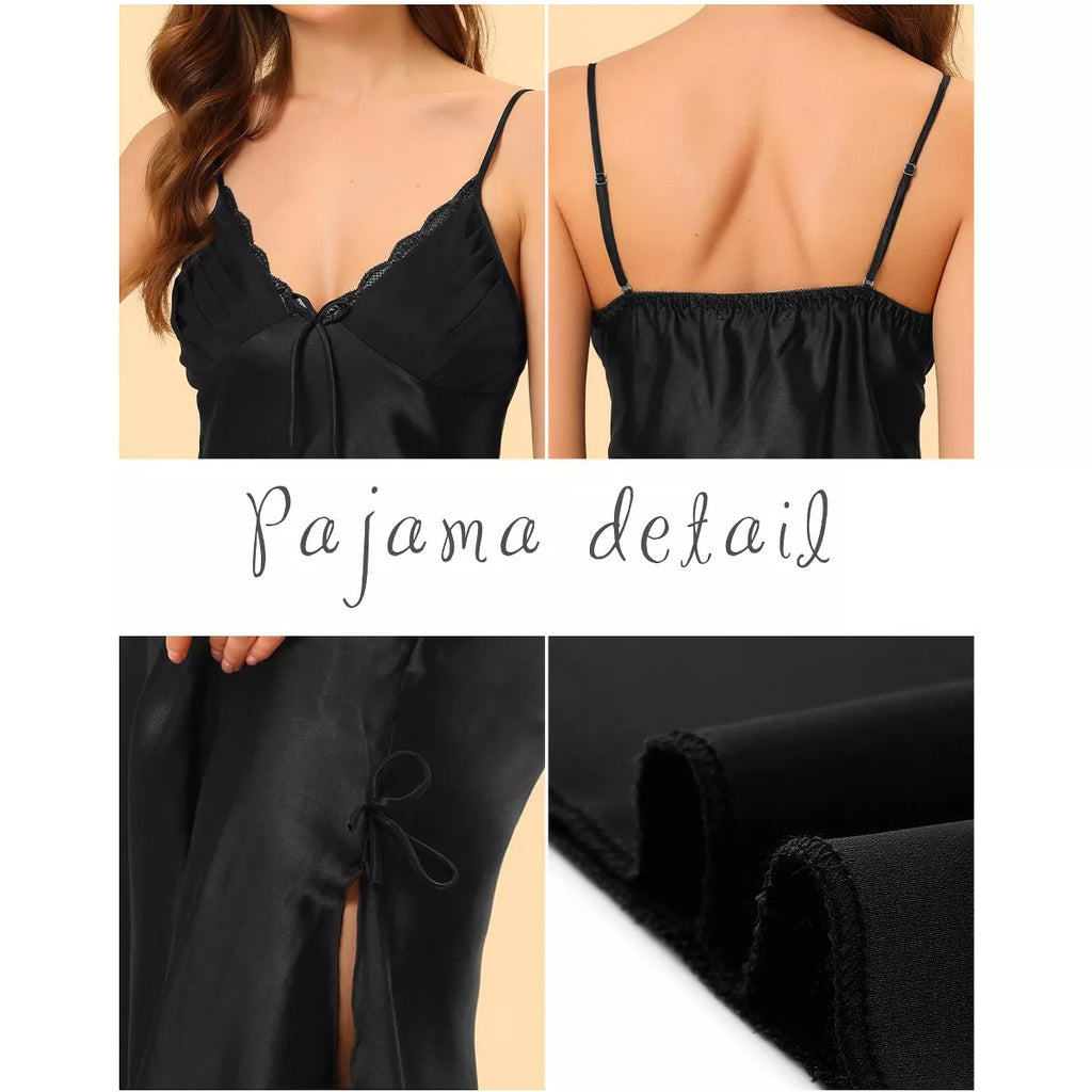 Cheibear Women'S Satin Nightgown Lace Trim V Neck Bow Front Maxi Slip Side Slit Nightdress Cami Pajama Dress