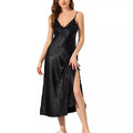 Cheibear Women'S Satin Nightgown Lace Trim V Neck Bow Front Maxi Slip Side Slit Nightdress Cami Pajama Dress