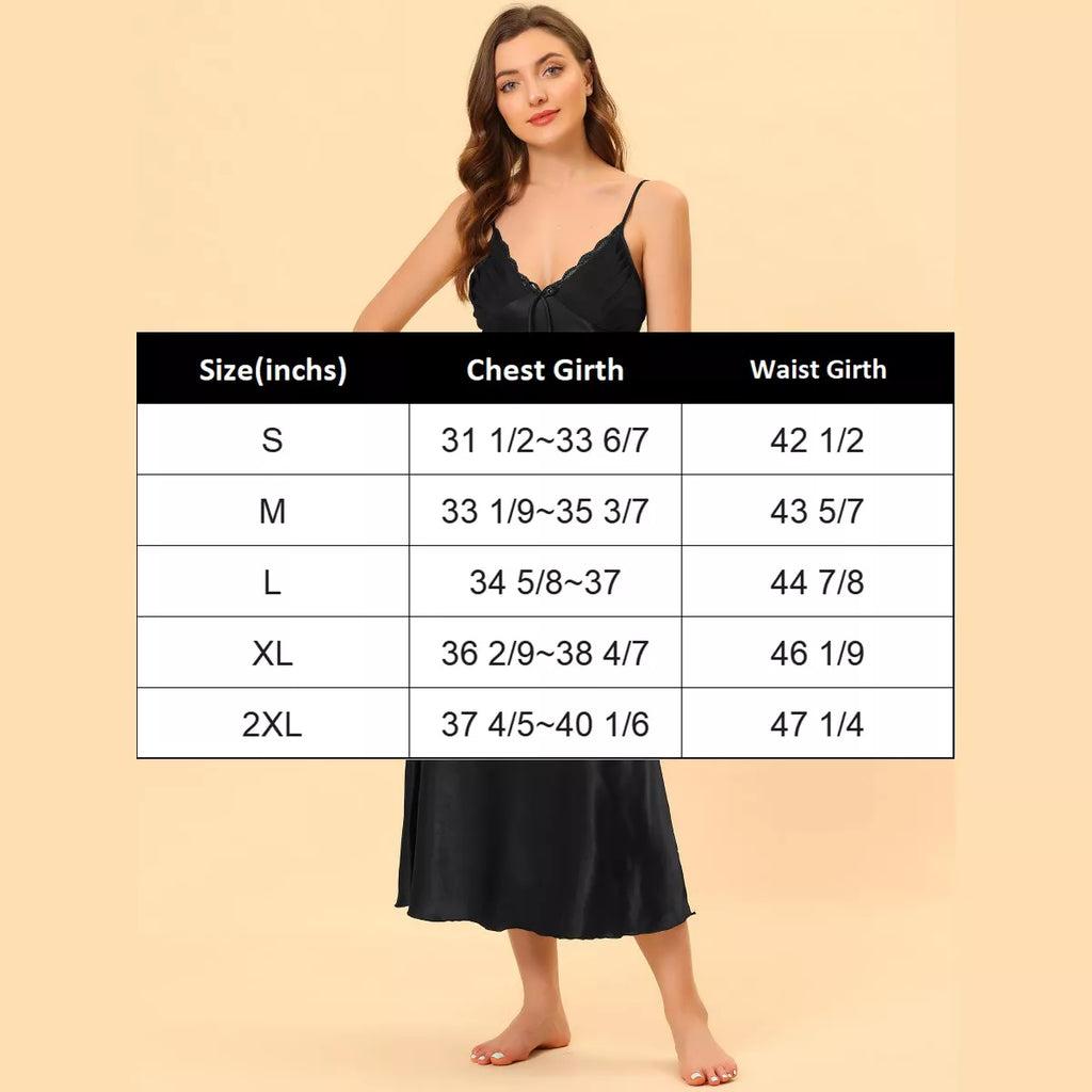 Cheibear Women'S Satin Nightgown Lace Trim V Neck Bow Front Maxi Slip Side Slit Nightdress Cami Pajama Dress