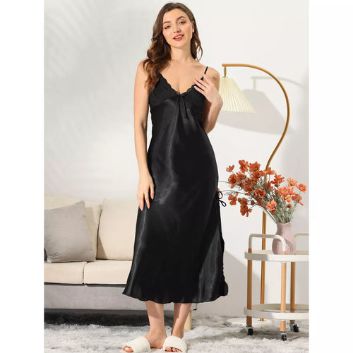 Cheibear Women'S Satin Nightgown Lace Trim V Neck Bow Front Maxi Slip Side Slit Nightdress Cami Pajama Dress