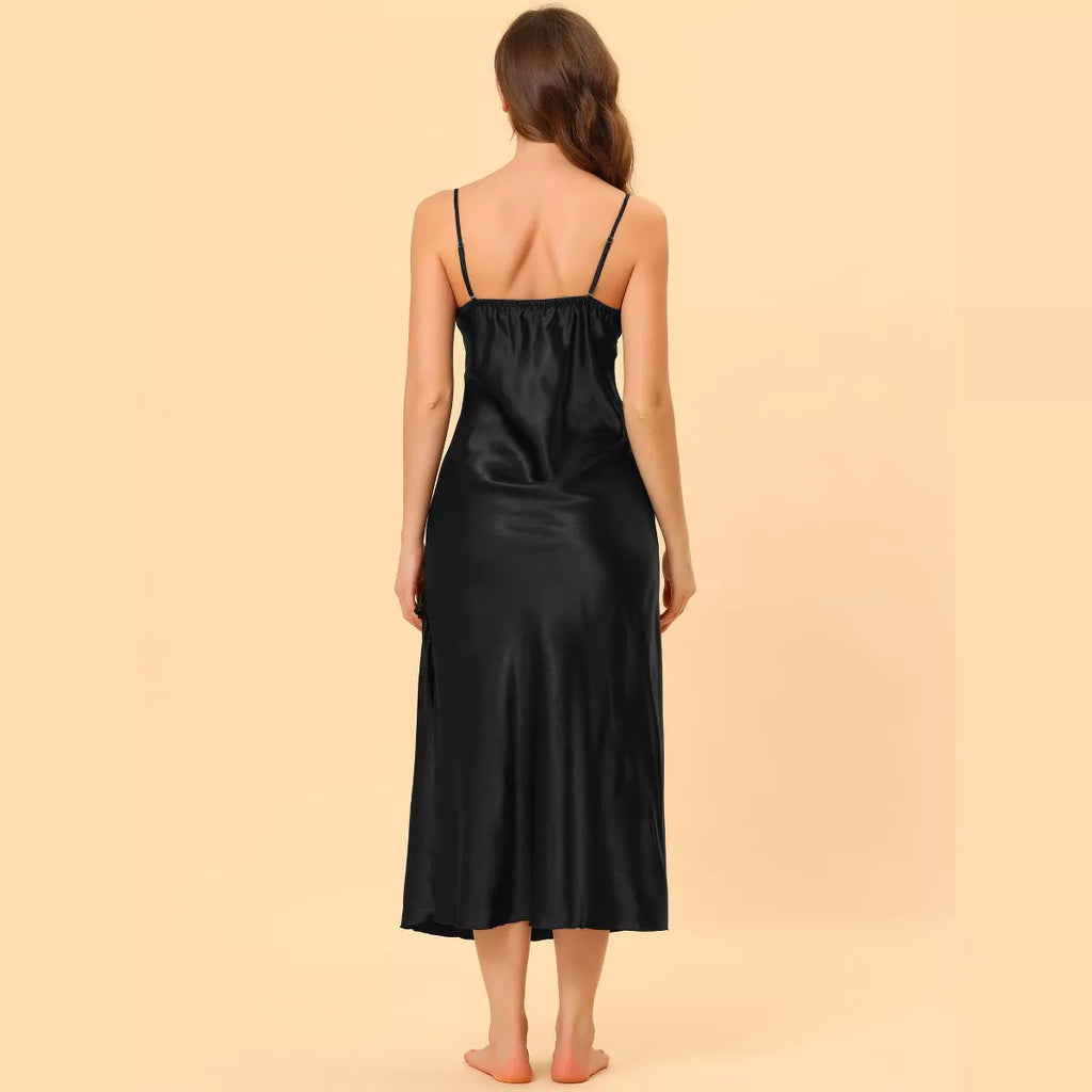 Cheibear Women'S Satin Nightgown Lace Trim V Neck Bow Front Maxi Slip Side Slit Nightdress Cami Pajama Dress